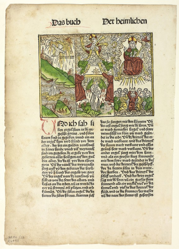 Book of Revelation (Seven Trumpets) from The Bible (also called the Tenth German Bible), Plate 28 from Woodcuts from Books of the 15th Century, 1485, portfolio assembled 1929, Unknown Artist (Strasbourg, late 15th century), printed and published by Johann Reinhard Grüninger (German, c. 1455–1532), portfolio text by Wilhelm Ludwig Schreiber (German, 1855–1932), Germany, Woodcut in black with hand-colored additions, and letterpress in black with rubrication (recto and verso), on cream laid paper, 100 x 136 mm (image), 289 x 200 mm (sheet)