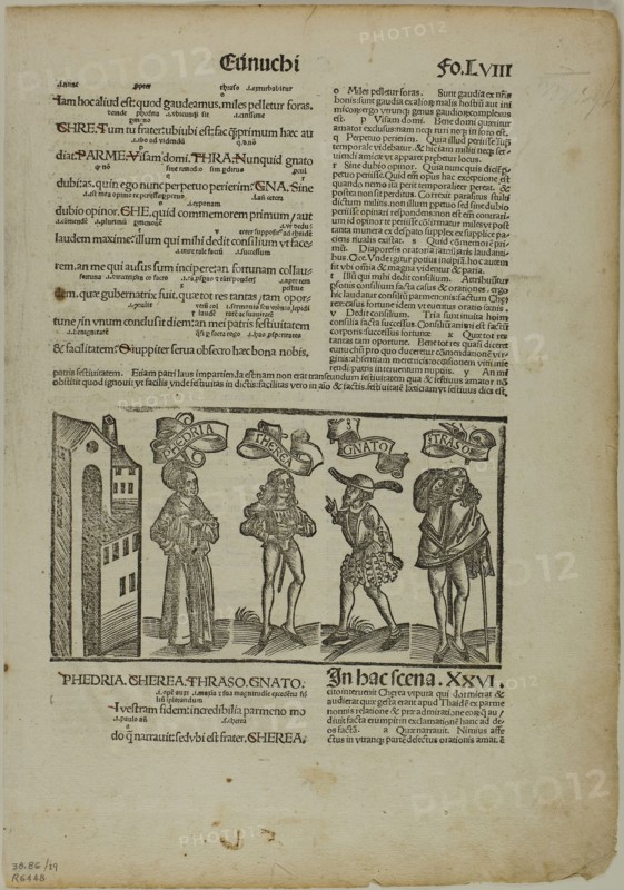 The Eunuch from Terenti cum directorio, Plate 29 from Woodcuts from Books of the 15th Century, 1496, portfolio assembled 1929, Unknown Artist (Strasbourg, late 15th century), printed and published by Johann Reinhard Grüninger (German, c. 1455–1532), original text by Terence (Publius Terentius Afer) (North African, 195/185–c. 159 B.C.), portfolio text by Wilhelm Ludwig Schreiber (German, 1855–1932), Germany, Woodcut in black from five block, and letterpress in black (recto and verso), on cream laid paper, 88 x 156 mm (image), 304 x 213 mm (sheet)
