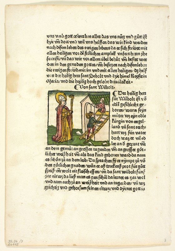 Saint Wilbolt from Heiligenleben, Winterteil (Lives of the Saints—Wintertime), Plate 3 from Woodcuts from Books of the 15th Century, 1475, portfolio assembled 1929, Unknown Artist (Augsburg, 15th century), printed and published by Johannes (Hans) Baemler (German, 1435-1504), original text by Jacobus de Voragine (Italian, c. 1230–1298), portfolio text by Wilhelm Ludwig Schreiber (German, 1855–1932), Germany, Woodcut in black with hand-colored additions, and letterpress in black (recto and verso), on cream laid paper, tipped onto cream wove paper mat, 70 x 80 mm (image), 300 x 206 mm (sheet)