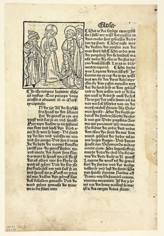 The Woman Healed of an Issue of Blood from Plenarium (also called Deutsche Evangelien und Episteln, or German Gospels and Epistles), Plate 36 from Woodcuts from Books of the 15th Century, 1489, portfolio assembled 1929, Unknown Artist (Strasbourg, late 15th century), printed and published by Ludwig von Renchen (German, active 1485–1505), portfolio text by Wilhelm Ludwig Schreiber (German, 1855–1932), Germany, Woodcut in black, and letterpress in black (recto and verso), on buff laid paper, tipped onto cream wove paper mat, 77 x 71 mm (image), 263 x 178 mm (sheet)