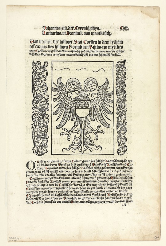 Holy Roman Empire Coat of Arms with Cologne Coat of Arms from Koelner Chronik (Cologne Chronicle), Plate 37 from Woodcuts from Books of the 15th Century, 1499, portfolio assembled 1929, Unknown Artist (Cologne, late 15th century), printed and published by Johann Kœlhoff the Younger (German, active 1487–1502), portfolio text by Wilhelm Ludwig Schreiber (German, 1855–1932), Germany, Woodcut in black, and letterpress in black with rubrication (recto and verso), on cream laid paper, tipped onto cream wove paper mat, 135 x 135 mm (image), 338 x 220 mm (sheet)