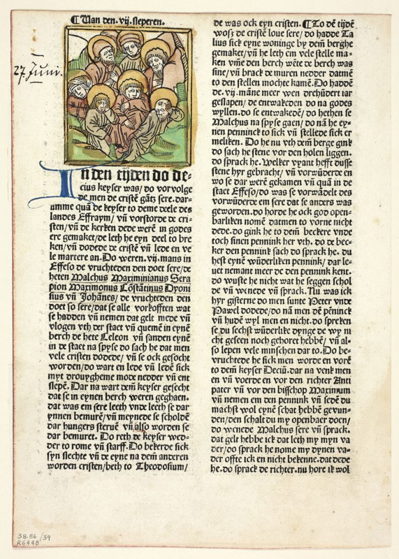 The Seven Sleepers from Der Heiligen Leben, Sommerteil (Lives of the Saints, Summertime), Plate 39 from Woodcuts from Books of the 15th Century, 1487, portfolio assembled 1929, Unknown Artist (Magdeburg, late 15th century), printed and published by Simon Koch, called Mentzer (German, active 1486–1503), original text by Jacobus de Voragine (Italian, c. 1230–1298), portfolio text by Wilhelm Ludwig Schreiber (German, 1855–1932), Germany, Woodcut in black with hand-colored additions, and letterpress in black with pen and blue and black ink additions (recto), and letterpress in black (verso), on cream laid paper, tipped onto cream wove paper mat, 70 x 66 mm (image), 263 x 186 mm (sheet)