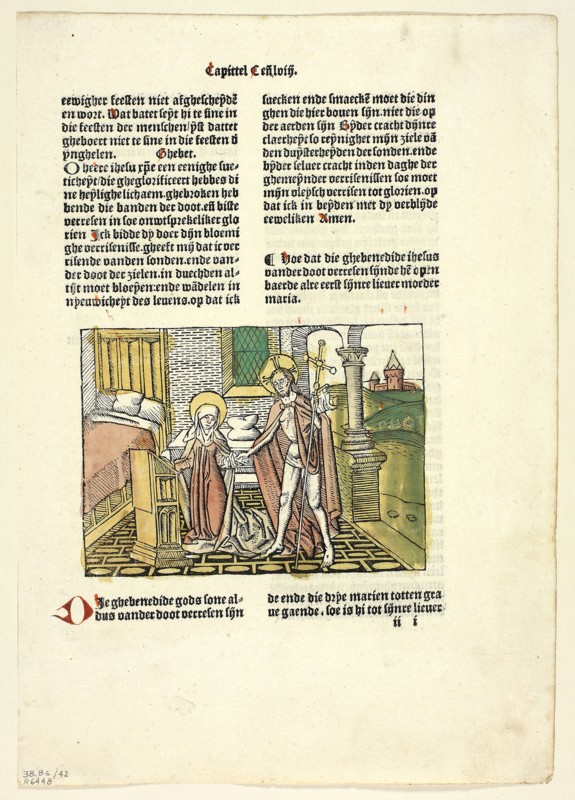 Christ Appearing to His Mother After His Resurrection from Leven Christi (Life of Christ), Plate 42 from Woodcuts from Books of the 15th Century, 1488, portfolio assembled 1929, Unknown Artist (Gouda or Antwerp, late 15th century), printed and published by Claes Leeu (Flemish, active c. 1484–1488), original text by Ludolphus de Saxonia (German, c. 1295–1378), portfolio text by Wilhelm Ludwig Schreiber (German, 1855–1932), Flanders, Woodcut in black with hand-colored additions, and letterpress in black with rubrication (recto and verso), on cream laid paper, tipped onto cream wove paper mat, 95 × 130 mm (image), 288 × 203 mm (sheet)