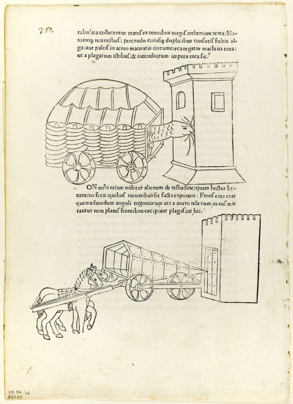 Battering Rams from De re militari (Concerning Military Matters), Plate 45 from Woodcuts from Books of the 15th Century, 1472, portfolio assembled 1929, Matteo de’ Pasti (Italian, c. 1420-1467/68), printed and published by Johannes Nicolai de Verona (Italian, c. 1405–1475), original text by Robertus Valturius (Italian, 1405–1475), portfolio text by Wilhelm Ludwig Schreiber (German, 1855–1932), Italy, Woodcut in black, and letterpress in black (recto and verso), on cream laid paper, 310 x 223 mm (sheet)