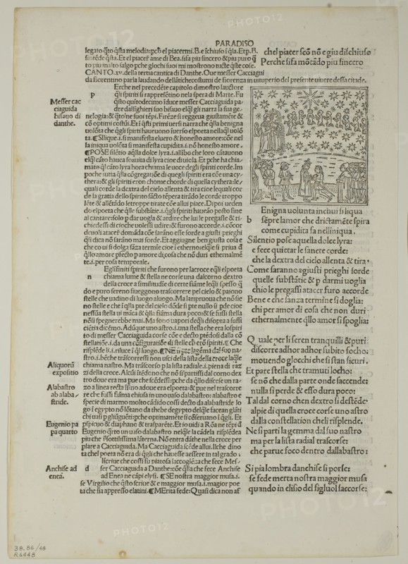 Paradise: Canto XV (Fifth Heaven, Sphere of Mars) from Divina Commedia (Divine Comedy), Plate 48 from Woodcuts from Books of the 15th Century, 1491, portfolio assembled 1929, Unknown Artist (Venice, late 15th century), printed and published by Bernardino Benalius (Italian, c. 1458–c. 1543) and Matteo Capcasa (Italian, active 1485–1491), original text by Dante (Italian, c. 1265-1321), portfolio text by Wilhelm Ludwig Schreiber (German, 1855–1932), Italy, Woodcut in black, and letterpress in black (recto and verso), on cream laid paper, 65 x 64 mm (image/block), 301 x 212 mm (sheet)