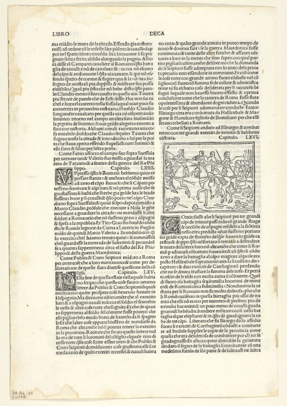 The Victory of the Scipios at Illiturgo from Historiae romanae decades (Roman History), Plate 49 from Woodcuts from Books of the 15th Century, 1493, portfolio assembled 1929, Monogrammist F (Venice, late 15th century), printed by Johannes Rubeus (Italian, active 1480-1519), published by Lucantonio Giunti (Italian, 1457-1538), original text by Livy (Ancient Roman, 64/59 B.C.–17 A.D.), portfolio text by Wilhelm Ludwig Schreiber (German, 1855–1932), Italy, Woodcut in black, and letterpress in black (recto and verso), on cream laid paper, tipped onto cream wove paper mat, 57 x 76 mm (image), 318 x 218 mm (sheet)