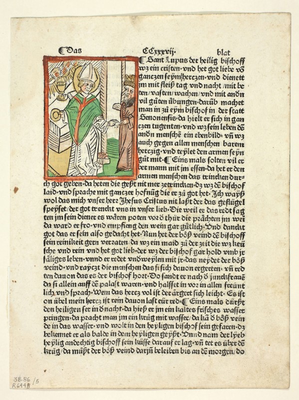 Saint Lupo from Heiligenleben (Lives of the Saints), Plate 5 from Woodcuts from Books of the 15th Century, 1488, portfolio assembled 1929, Unknown Artist (Augsburg, 15th century), printed and published by Anton Sorg (German, c. 1430–1493), original text by Jacobus de Voragine (Italian, c. 1230–1298), portfolio text by Wilhelm Ludwig Schreiber (German, 1855–1932), Germany, Woodcut in black with hand-colored additions, and letterpress in black (recto and verso), on cream laid paper, tipped onto cream wove paper mat, 83 x 63 mm (image), 247 x 184 mm (sheet)