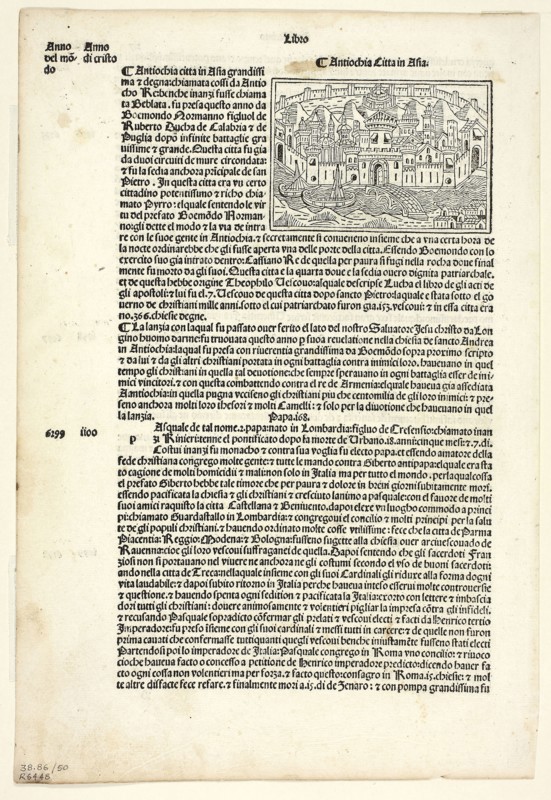 View of Antioch from Supplementum Chronicarum, Plate 50 from Woodcuts from Books of the 15th Century, 1492, portfolio assembled 1929, Unknown Artist (Venice, late 15th century), printed and published by Bernardinus Rizus (Italian, active 1481-1492), original text by Giacomo Filippo Foresti da Bergamo (Italian, 1434–1520), portfolio text by Wilhelm Ludwig Schreiber (German, 1855–1932), Italy, Woodcut in black, and letterpress in black (recto and verso), on cream laid paper, tipped onto cream wove paper mat, 58 x 84 mm (image), 291 x 196 mm (sheet)