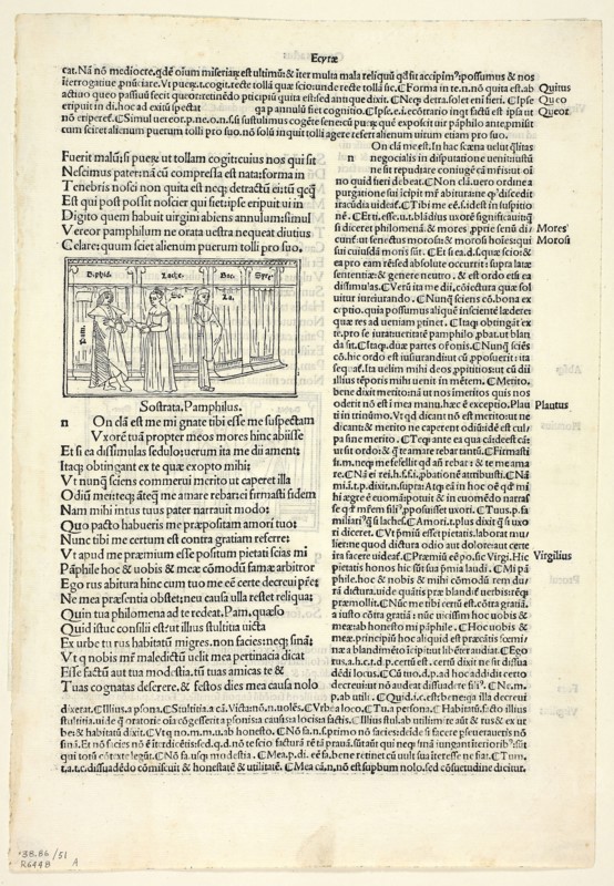 Sostrata, Pamphilus (recto) and Laches, Socrates, Pamphilus (verso) from Comoediae (Comedies), Plate 51 from Woodcuts from Books of the 15th Century, 1497, portfolio assembled 1929, Monogrammist ia (Venice, late 15th century), printed and published by Jacobinus Pentius de Leucho (Italian, active 1486-1530), original text by Terence (Publius Terentius Afer) (North African, 195/185–c. 159 B.C.), portfolio text by Wilhelm Ludwig Schreiber (German, 1855–1932), Italy, Woodcut and letterpress in black (recto and verso) on cream laid paper, tipped onto cream wove paper mat, 49 x 83 mm (image), 303 x 208 mm (sheet)
