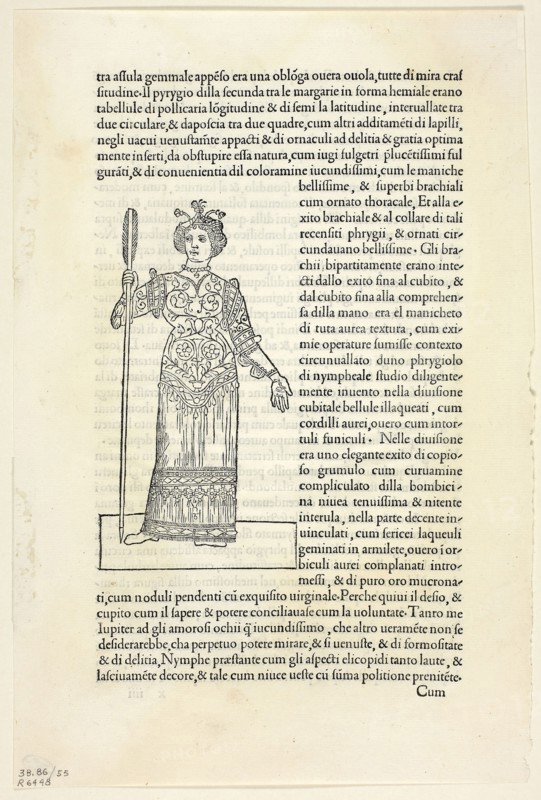 A Nymph from Hypnerotomachia Poliphili (The Strife of Love in a Dream), Plate 55 from Woodcuts from Books of the 15th Century, 1499, portfolio assembled 1929, Unknown Artist (Venice, late 15th century), printed by Aldus Manutius (Italian, 1449-1515), commissioned by Leonardo Crasso (Italian, active c. 1499–1509), original text by Francesco Colonna (Italian, 1433/34–1527), portfolio text by Wilhelm Ludwig Schreiber (German, 1855–1932), Italy, Woodcut in black, and letterpress in black (recto and verso), on cream laid paper, tipped onto cream wove paper mat, 134 x 71 mm (image), 281 x 188 mm (sheet)