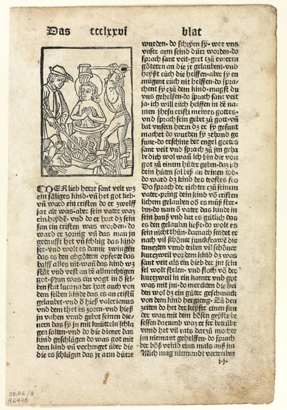 Saint Quiriaco from Heiligenleben (Lives of the Saints), Plate 8 from Woodcuts from Books of the 15th Century, 1489, portfolio assembled 1929, Unknown Artist (Augsburg, 15th century), printed and published by Johann Schönsperger the Elder (German, ca. 1455–1521), original text by Jacobus de Voragine (Italian, c. 1230–1298), portfolio text by Wilhelm Ludwig Schreiber (German, 1855–1932), Germany, Woodcut in black, and letterpress in black (recto and verso), on buff laid paper, tipped onto cream wove paper mat, 83 x 60 mm (image), 258 x 175 mm (sheet)