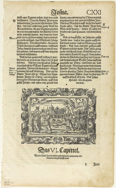 The Taking of Jericho from Catholische Bibell, plate ten from Woodcuts from Books of the XVI Century, 1564, assembled into portfolio 1937, Virgil Solis, the elder (German, 1514-1562), assembled by Max Geisberg (Swiss, 1875-1943), Germany, Woodcut on paper, 115 × 155 mm (image), 323 × 205 mm (image/te×t), 383 × 233 mm (sheet)