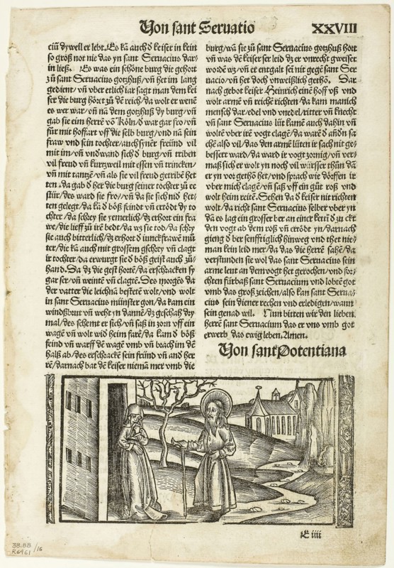 Illustration from Das Leben der Heiligen, plate sixteen from Woodcuts from Books of the XVI Century, 1513, assembled into portfolio 1937, Unknown Artist (German, 16th century), assembled by Max Geisberg (Swiss, 1875-1943), Germany, Woodcut on paper, 75 × 152 mm (image), 254 × 152 mm (image/te×t), 275 × 189 mm (sheet)