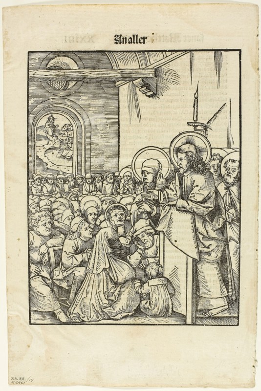 Christ Preaching, from Leben Jesu Christi, plate 19 from Woodcuts from Books of the XVI Century, 1508, portfolio assembled 1937, Hans Wechtlin (German, 1480/85-after 1526), published by Johann Schott (German, 1477-c. 1550), portfolio text by by Max Geisberg (Swiss, 1875-1943), Germany, Woodcut in black with letterpress on cream laid paper, 230 × 165 mm (image/te×t), 299 × 195 mm (sheet)