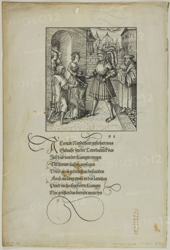 Theuerdank Received by Ehrenreich, from Teuerdank, plate 22 from Woodcuts from Books of the XVI Century, 1517, Leonhard Beck (German, c.1480-1542), published by Johann Schonsperger the Elder (German, 1455-1521), assembled by Max Geisberg (Swiss, 1875-1943), Germany, Woodcut in black on vellum, 158 × 139 mm (image), 300 × 166 mm (image/te×t), 374 × 254 mm (sheet)