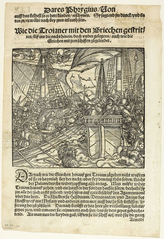 Illustration from Von dem Troianischen Krieg, plate 24 from Woodcuts from Books of the XVI Century, 1536, assembled into portfolio 1937, Hans Weiditz II (Master of Petrarch) (German, c.1495-1536), assembled by Max Geisberg (Swiss, 1875-1943), Germany, Woodcut on paper, 141 × 156 mm (image), 253 × 157 mm (image/te×t), 273 × 187 mm (sheet)