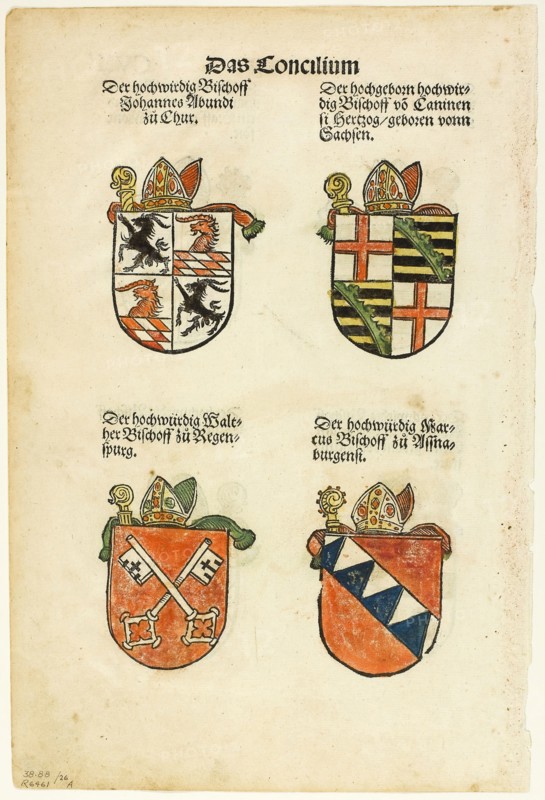 Coats of Arms of Bishops (recto and verso) from Das Concilium so zu Constantz, plate 26 from Woodcuts from Books of the XVI Century, 1536, assembled into portfolio 1937, Jörg Breu, I (German, c.1480-1537), assembled by Max Geisberg (Swiss, 1875-1943), Germany, Hand-colored woodcut on paper, 229 × 131 mm (images/te×t, recto), 227 × 140 mm (images/te×t, verso), 292 × 193 mm (sheet)