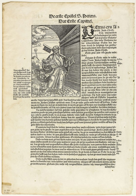 St. Peter from De Biblie vth der vthlegginge Doctoris Martini Luthers, plate 27 from Woodcuts from Books of the XVI Century, 1534, assembled into portfolio 1937, Erhard Altdorfer (German, c. 1485-1561), original text German Bible translation by Martin Luther (1483-1546), portfolio text by Max Geisberg (Swiss, 1875-1943), Germany, Woodcut and letterpress in black on cream laid paper, 135 × 92 mm (image), 287 × 205 mm (image/te×t), 361 × 247 mm (sheet)