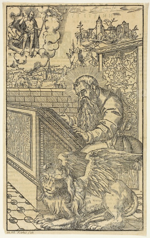 Saint Mark from Latin Bible, plate 28 from Woodcuts from Books of the XVI Century, 1541, portfolio assembled 1937, Lucas Cranach, the Younger (German, 1515-1586), published by Nicolaus Wolrab (German, active c. 1536-1551), portfolio text by Max Geisberg (Swiss, 1875-1943), Germany, Woodcut in black with letterpress on verso on tan laid paper, 263 × 159 mm (image), 270 × 170 mm (sheet)