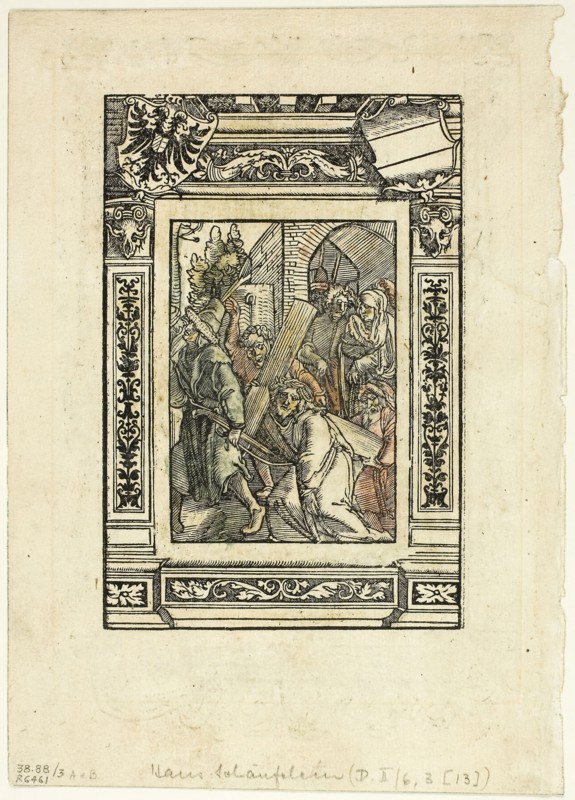 Christ Bearing the Cross (recto) and Decorative Border (verso) from Das Leiden Jesu Christi, plate three from Woodcuts from Books of the XVI Century, 1515, assembled into portfolio 1937, Hans Leonhard Schäuffelein (German, 1480/90-1538/40), printed by Johannes Schönsperger the Younger (German, 16th century), assembled by Max Geisberg (Swiss, 1875-1943), Germany, Woodcut on paper, 143 x 96 mm (image, recto), 189 x 122 mm (image, verso), 280 x 149 mm (sheet)