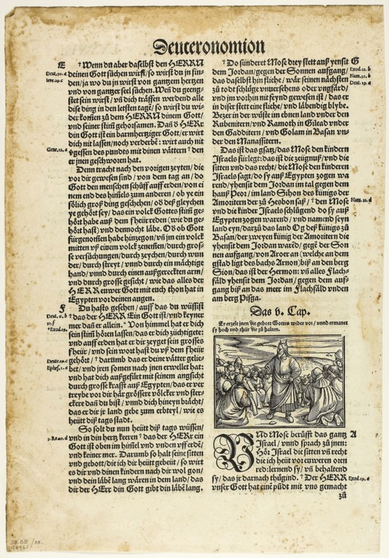 Illustration from a German Bible, plate 38 from Woodcuts from Books of the XVI Century, 1534, assembled into portfolio 1937, Hans Holbein, the Younger, after (German, c.1497-1543), assembled by Max Geisberg (Swiss, 1875-1943), Germany, Woodcut on paper, 61 × 85 mm (image), 302 × 213 mm (image/te×t), 359 × 249 mm (sheet)