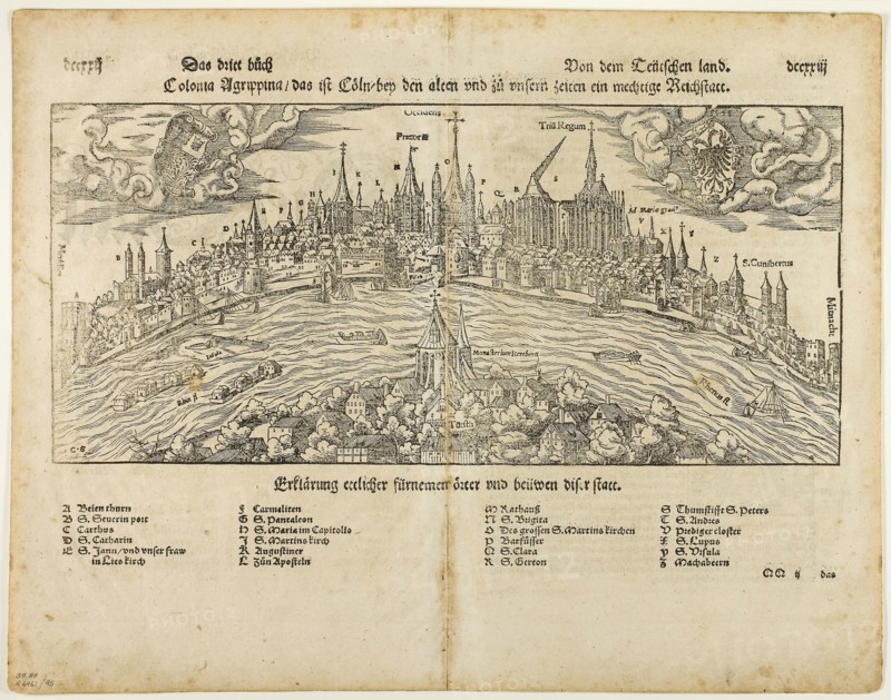 View of Cologne (recto) Man Hanged from a Tree (verso), Two leafs DCCXXI-DCCXXIIII from Kosmographie by S. Münster, plate 45 from Woodcuts from Books of the XVI Century, 1564, assembled into portfolio 1937, Hans Rudolf Manuel Deutsch (Swiss, 1525-1572), assembled by Max Geisberg (Swiss, 1875-1943), Switzerland, Woodcut on paper, 54 x 59 mm (image, recto), 169 x 255 mm (image/text, recto), 318 x 124 mm (sheet, folded), 168 x 368 mm (image, verso), 243 x 368 mm (image/text, verso), 319 x 409 mm (sheet, unfolded)