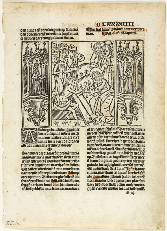 The Raising of Lazarus from Leven Christi by Ludolphus de Saxonia, plate 56 from Woodcuts from Books of the XVI Century, 1512, assembled into portfolio 1937, Unknown Artist (German, 16th century), assembled by Max Geisberg (Swiss, 1875-1943), Germany, Hand-colored woodcut on paper, 108 × 152 mm (image), 215 × 157 mm (image/te×t), 282 × 204 mm (sheet)