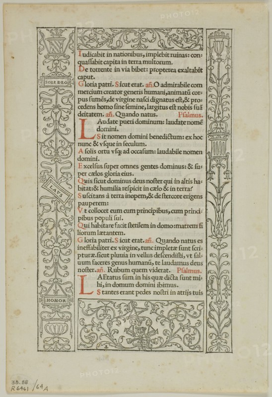 Illustration from Horae in laudem Virginis Mariae, plate 64 from Woodcuts from Books of the XVI Century, 1524/25, assembled into portfolio 1937, Geoffrey Tory (French, c.1480-1533), assembled by Max Geisberg (Swiss, 1875-1943), France, Woodcut on paper, 163 × 98 mm (image), 195 × 133 mm (sheet)