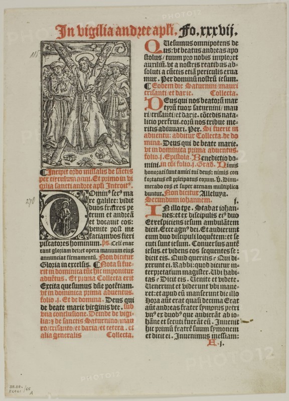 Crucifixion of Saint Andrew from Missale Monasteriense, plate 65 from Woodcuts from Books of the XVI Century, 1520, assembled into portfolio 1937, Unknown Artist (French, 16th century), assembled by Max Geisberg (Swiss, 1875-1943), France, Metalcut on paper, 101 × 71 mm (image), 256 × 157 mm (image/te×t), 308 × 224 mm (sheet)
