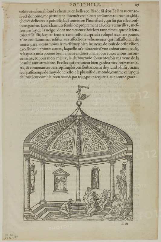 Bath House from Hyperotomachie ou discours du son gede Poliphile, plate 69 from Woodcuts from Books of the XVI Century, 1554, assembled into portfolio 1937, Jean Goujon (French, c.1510-c.1565), assembled by Max Geisberg (Swiss, 1875-1943), France, Woodcut on paper, 173 × 139 mm (image), 281 × 152 mm (image/te×t), 301 × 199 mm (sheet)