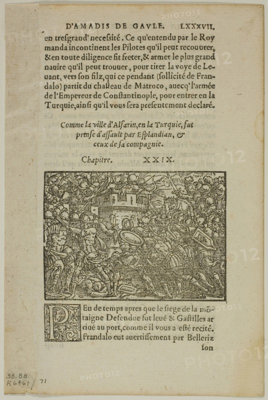 Leaf from Amadis de Gaule, plate 71 from Woodcuts from Books of the XVI Century, 1560, assembled into portfolio 1937, Unknown Artist (French, 16th century), assembled by Max Geisberg (Swiss, 1875-1943), France, Woodcut on paper, 56 × 89 mm (image), 141 × 89 mm (image/te×t), 169 × 113 mm (sheet)