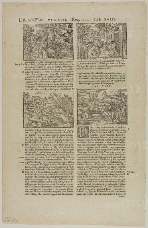Four Illustrations to I Kings (recto) and Illustration to I Kings (verso) from Biblia Latina, plate 78 from Woodcuts from Books of the XVI Century, 1569, assembled into portfolio 1937, Bernard Salomon (French, 1506/10-c.1561), assembled by Max Geisberg (Swiss, 1875-1943), France, Woodcut on paper, 299 × 199 mm (images/te×t, recto), 60 × 83 mm (image, verso), 298 × 202 mm (image/te×t, verso), 375 × 240 mm (sheet)