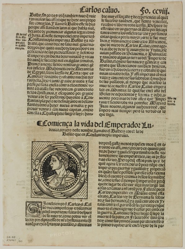 Leaf from Hystoria Imperial by Pedro Mexía, plate 80 from Woodcuts from Books of the XVI Century, 1564, assembled into portfolio 1937, Unknown Artist (Spanish, 16th century), assembled by Max Geisberg (Swiss, 1875-1943), Spain, Woodcut on paper, 68 x 67 mm (image), 260 x 178 mm (image/text), 287 x 213 mm (sheet)