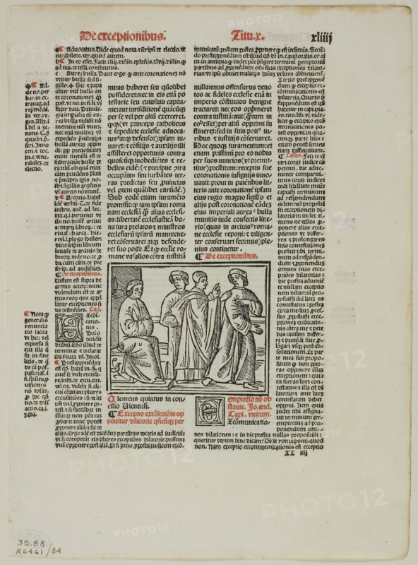 Illustration from Sextus decretalium liber by Bonifce VIII, plate 84 from Woodcuts from Books of the XVI Century, 1514, assembled into portfolio 1937, Unknown Artist (Italian, 16th century), assembled by Max Geisberg (Swiss, 1875-1943), Italy, Woodcut on paper, 53 x 64 mm (image), 167 x 118 mm (image/text), 218 x 159 mm (sheet)
