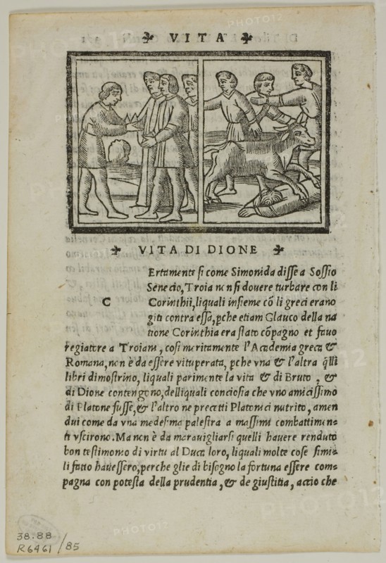 Illustration to Life of Dion from La Seconda Parte delle Vite di Plutarcho di greco in latino & di latino in volgare tradotte, plate 85 from Woodcuts from Books of the XVI Century, 1538, assembled into portfolio 1937, Unknown Artist (Italian, 16th century), assembled by Max Geisberg (Swiss, 1875-1943), Italy, Woodcut on paper, 50 x 72 mm (image), 126 x 75 mm (image/text), 150 x 103 mm (sheet)