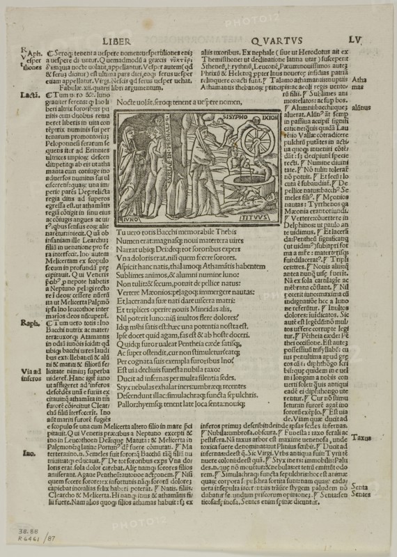 Juno in Hades from P. Ouidij Nasonis poete ingeniosissimi Metamorphoseos Libri, plate 87 from Woodcuts from Books of the XVI Century, 1527, assembled into portfolio 1937, Unknown Artist (Italian, 16th century), assembled by Max Geisberg (Swiss, 1875-1943), Italy, Woodcut on paper, 61 x 87 mm (image), 243 x 182 mm (image/text), 284 x 202 mm (sheet)
