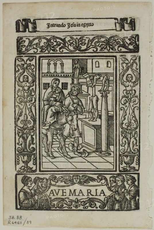 Flight into Egypt from Rosario della V. Maria by Castellanus, plate 89 from Woodcuts from Books of the XVI Century, 1539, assembled into portfolio 1937, Unknown Artist (Italian, 16th century), assembled by Max Geisberg (Swiss, 1875-1943), Italy, Woodcut on paper, 133 x 81 mm (image), 156 x 103 mm (sheet)