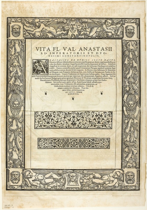 Decorative Border (recto) and Portrait of Emporer Anastasius (verso), plate nine from Woodcuts from Books of the XVI Century, 1559, assembled into portfolio 1937, Attributed to Hans Rudolf Manuel Deutsch (Swiss, 1525-1572) or Peter Flötner (German, 1485/96-1546), assembled by Max Geisberg (Swiss, 1875-1943), Switzerland, Woodcut on paper, 470 x 316 mm (image, recto), 429 x 321 mm (image, verso), 443 x 321 mm (image/text, verso), 484 x 369 mm (sheet)