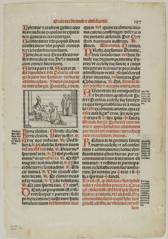 Leaf from Pontificale Romanum, plate 91 from Woodcuts from Books of the XVI Century, 1572, assembled into portfolio 1937, Unknown Artist (Italian, 16th century), assembled by Max Geisberg (Swiss, 1875-1943), Italy, Woodcut on paper, 57 x 82 mm (image), 289 x 211 mm (image/text), 359 x 248 mm (sheet)