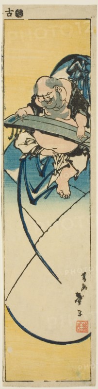 Hotei seated on a sack playing a zither, from an untitled series of harimaze, c. 1830s, Katsushika Taito II, Japanese, active c. 1810–53, Japan, Color woodblock print, section of harimaze sheet