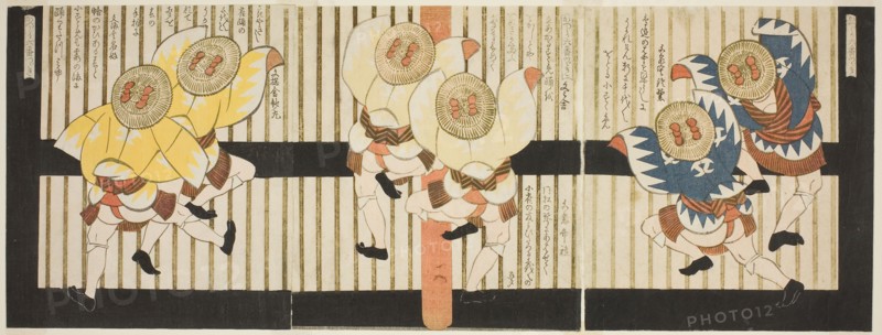 Sparrow dancers, from A Set of Six for the Katsushika Circle (Katsushika rokuban tsuzuki), c. 1827/28, Yashima Gakutei, Japanese, 1786 (?)-1868, Japan, Color woodblock print, bottom three sheets of shikishiban hexaptych, surimono