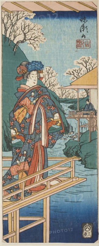 The Mountain Scene from the play Imoseyama (Imoseyama, yama no dan), section of a sheet from the series Reflections of Dramas in Cutouts (Harimaze joruri kagami), 1854, Utagawa Hiroshige ?? ??, Japanese, 1797-1858, Japan, Color woodblock print, section of harimaze sheet, 24.1 x 9.7 cm (9 1/2 x 3 3/4 in.)