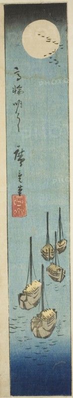 Full Moon over Takanawa (Takanawa meigetsu), section of a sheet from the series Cutouts of Famous Places in Edo (Harimaze Koto meisho), 1852, Utagawa Hiroshige ?? ??, Japanese, 1797-1858, Japan, Color woodblock print, section of harimaze sheet, 34 x 6.2 cm