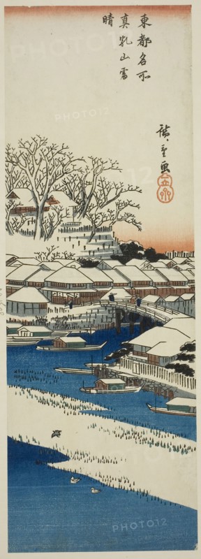 Clear Weather after Snow at Matsuchi Hill (Matsuchiyama no yukibare), from the series Famous Views of the Eastern Capital (Toto meisho), c. 1835/38, Utagawa Hiroshige ?? ??, Japanese, 1797-1858, Japan, Color woodblock print, chutanzaku, 36.5 x 12.7 cm (14 3/8 x 5 in.)