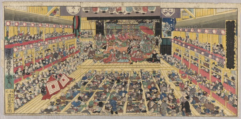 Flourishing of Edo Pictures Depicting Dances (Odori keiyo Edo-e no sakae), 1858, Utagawa Kunisada I (Toyokuni III), Japanese, 1786-1864, Japan, Color woodblock print, part of triptych, 35.2 x 73.7 cm (13 7/8 x 29 in.)