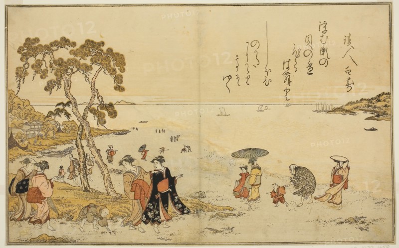 Gathering Shells at Low Tide, from the illustrated book Gifts from the Ebb Tide (Shiohi no tsuto), 1789, Kitagawa Utamaro ??? ??, Japanese, 1753 (?)-1806, Japan, Color woodblock print, double-page illustration from book, 9 1/8 x 14 5/8 in.