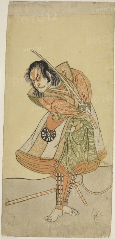 The Actor Nakamura Nakazo I as Tezuka no Taro Mitsumori Disguised as the Monkey Trainer Tonkichi Tochibei, in the Play Soga Moyo Aigo no Wakamatsu, Performed at the Nakamura Theater in the First Month, 1769, c. 1769, Katsukawa Shunsho ?? ??, Japanese, 1726-1792, Japan, Color woodblock print, hosoban, 32.5 x 14.6 cm (12 13/16 x 5 3/4 in.)