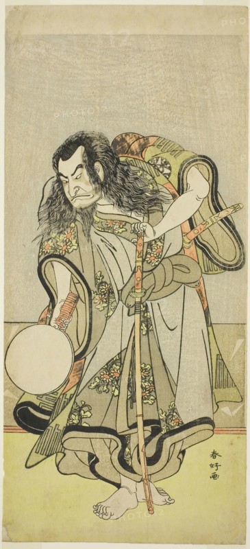 The Actor Nakamura Nakazo I as Monk Shunkan in the Play Hime Komatsu Ne no Hi Asobi (Outing to Pick Pine Seedlings on the Rat-Day of the New Year), Performed as the Last Act of Part Two at the Ichimura Theater in the Seventh Month, 1778, c. 1778, Katsukawa Shunko I, Japanese, 1743-1812, Japan, Color woodblock print, hosoban, probably right sheet of diptych, 32.5 x 14.7 cm (12 13/16 x 5 13/16 in.)