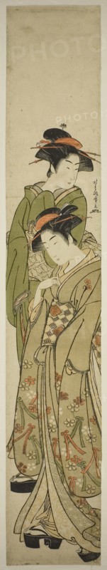 Two Women Taking a Stroll, c. 1781/89, Kitao Masanobu (Santo Kyoden), Japanese, 1761–1816, Japan, Color woodblock print, hashira-e, 27 1/2 x 4 5/8 in.