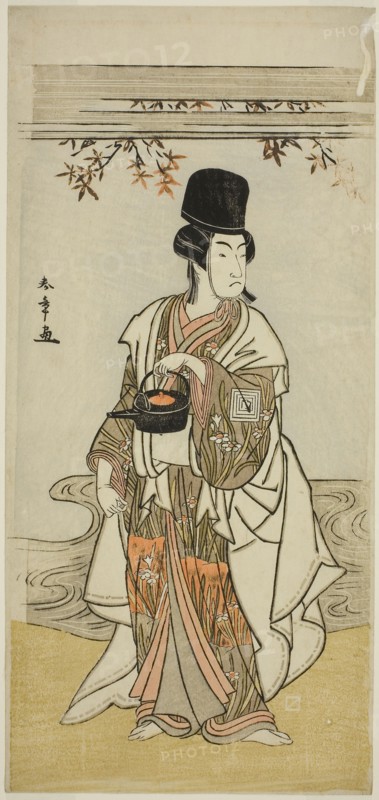 The Actor Ichikawa Monnosuke II as the Court Servant Shoheida Sadamori in the Play Masakado Kammuri no Hatsuyuki, Performed at the Nakamura Theater in the Eleventh Month, 1777, c. 1777, Katsukawa Shunsho ?? ??, Japanese, 1726-1792, Japan, Color woodblock print, hosoban, second-from-right sheet in a four-sheet print, 32.8 x 15.3 cm (12 15/16 x 6 in.)
